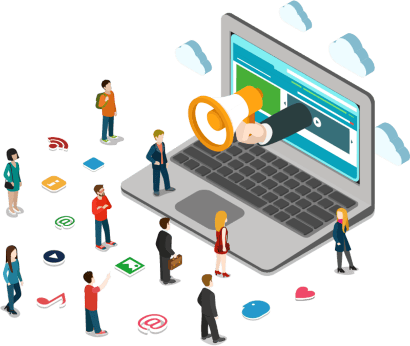 Illustration of a laptop with a megaphone emerging from the screen, surrounded by diverse people and social media icons, representing digital marketing and customer engagement.