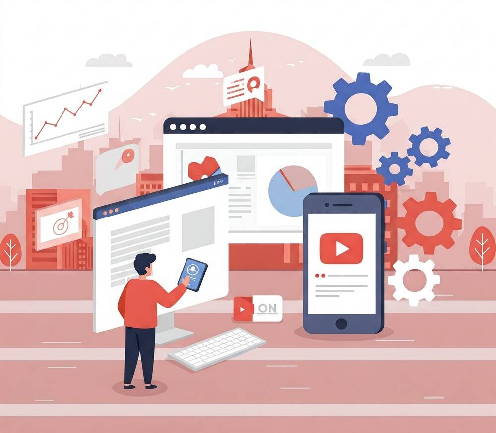 This image represents expertise in Google Ads and YouTube Ads, featuring elements like analytics, video marketing, campaign targeting, and ad optimization—ideal for showcasing digital marketing or PPC services.