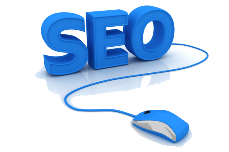3D blue letters spelling 'SEO' connected to a computer mouse, symbolizing digital marketing and search engine optimization services.