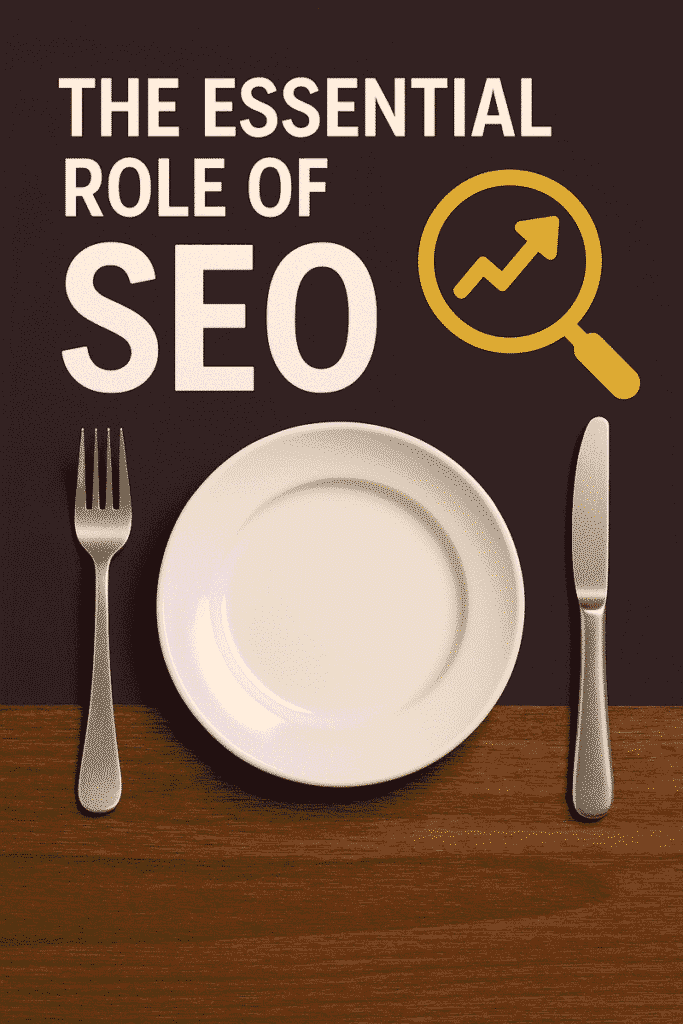 Flat lay of a dinner plate with fork and knife on a wooden table, above which is written 'The Essential Role of SEO' with a magnifying glass and upward trend icon, symbolizing SEO importance for the restaurant industry.