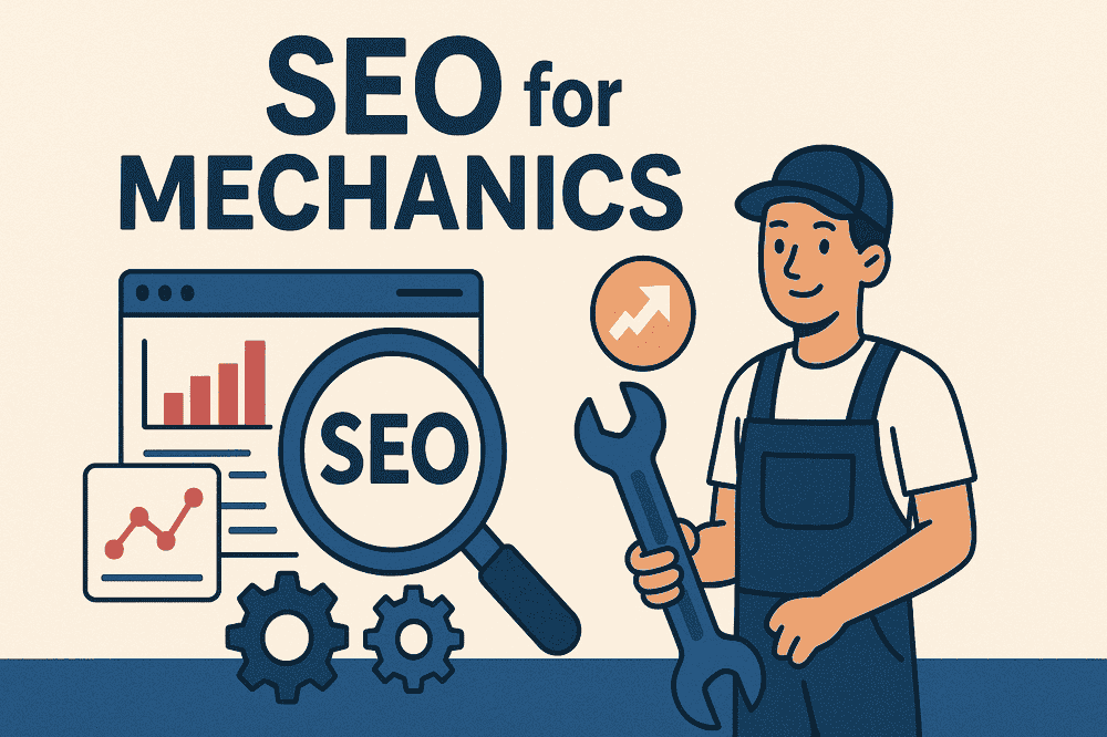 Illustration titled 'SEO for Mechanics' featuring a mechanic holding a wrench, SEO-related icons like a magnifying glass, gears, graphs, and a browser window, symbolizing digital marketing strategies for automotive services