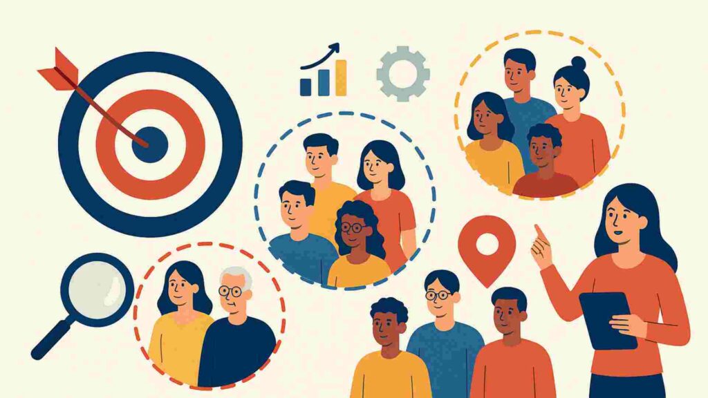 Illustration of diverse people collaborating on a project, featuring a target with an arrow, magnifying glass, charts, and a location pin, symbolizing teamwork, goal-setting, and strategic planning.