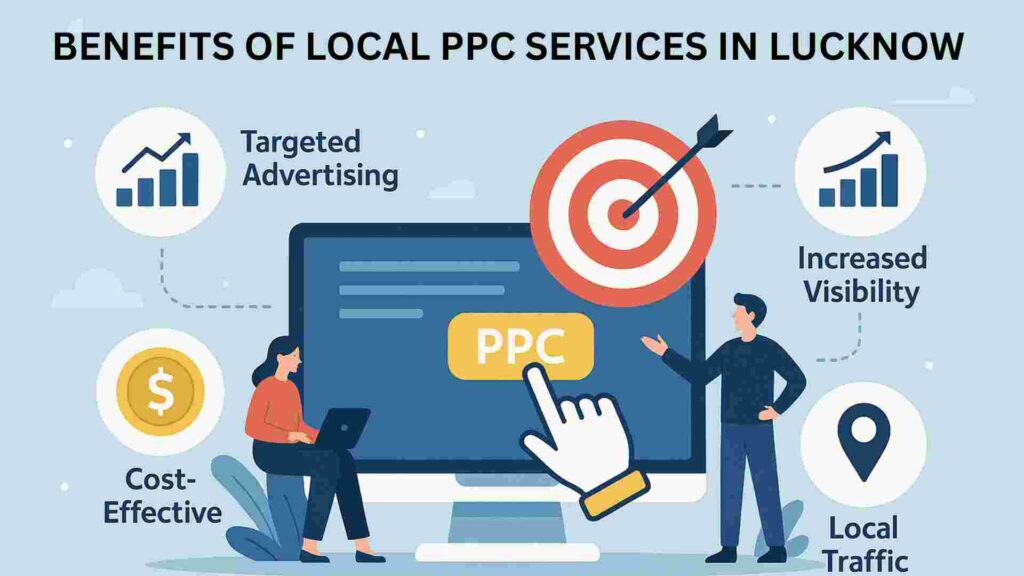 An illustration highlighting the benefits of local PPC services in Lucknow, featuring a computer screen with a "PPC" button, a hand clicking on it, and two people. Surrounding the image are icons and text: a graph with "Targeted Advertising," a dollar sign with "Cost-Effective," a target with an arrow for focus, a location pin with "Local Traffic," and a visibility icon with "Increased Visibility." The title "Benefits of Local PPC Services in Lucknow" is at the top.