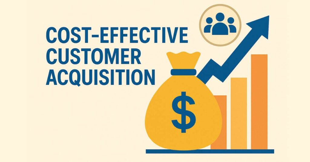 A graphic with text on the left reading, "COST-EFFECTIVE CUSTOMER ACQUISITION" in blue. On the right, a stylized chart with orange bars of varying heights, a blue upward arrow, a yellow money bag with a dollar sign, and an icon of three people in a circle, symbolizing efficient customer growth. The background is light beige.