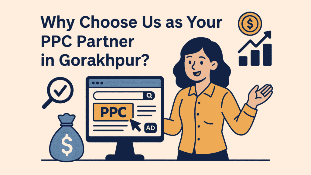 Illustration of a woman presenting a digital marketing concept with a screen displaying "PPC" and an ad. The headline reads, "Why Choose Us as Your PPC Partner in Gorakhpur?" Icons of a money bag, magnifying glass, and growth chart emphasize budget, targeting, and ROI benefits.
